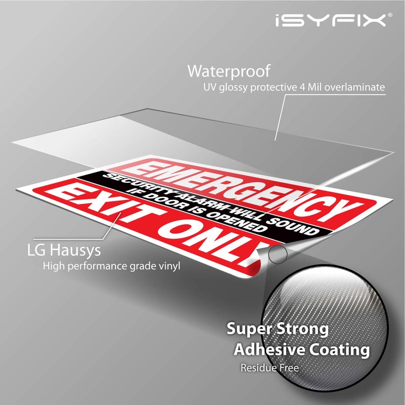 iSYFIX Emergency Exit Only Stickers â€“ 2 Pack 10x7 Inch â€“ Premium Self-Adhesive Vinyl, Laminated UV, Weather, Scratch, Water & Fade Resistance, Security Alarm Will Sound if Door is Opened Sign - Image 3